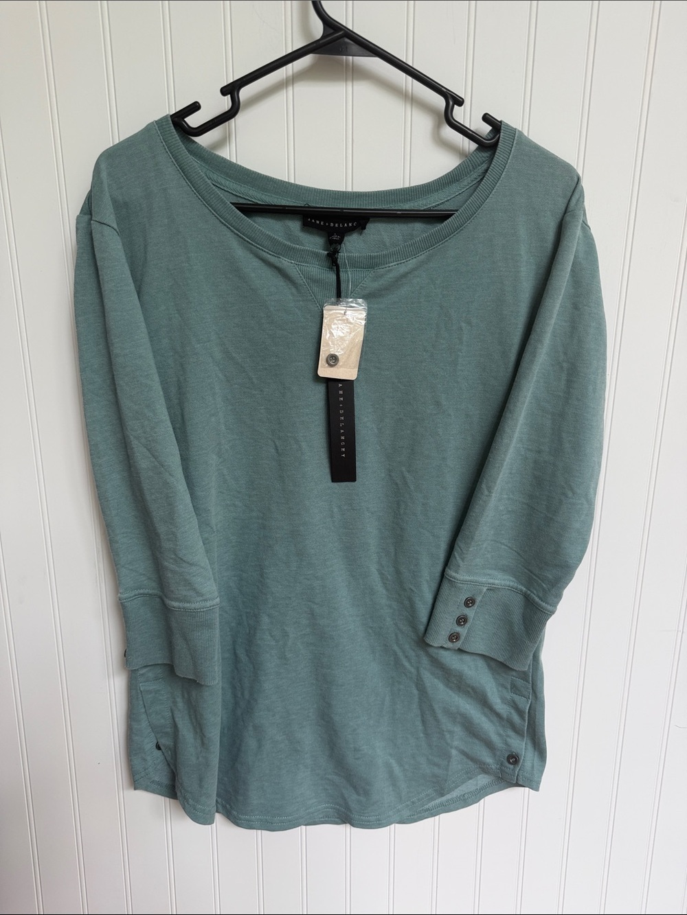 (354)Jane and Delancey Sage Green Scoop Neck 3/4 Sleeve Top with Button Tabs